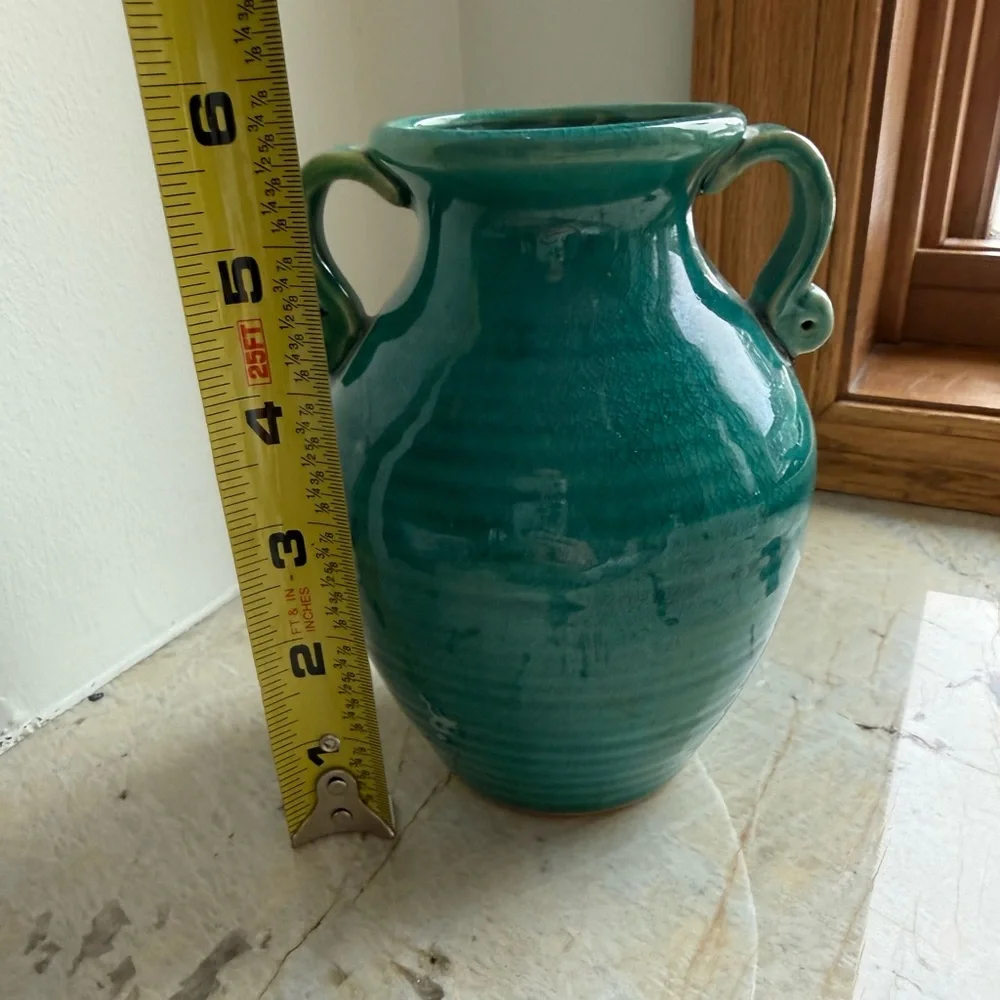 Two-Handled Turquoise Glazed Ceramic/Pottery Vase - Picture 3 of 5